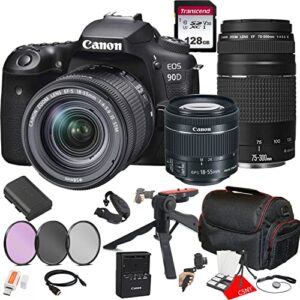 canon eos 90d dslr camera w/ef-s 18-55mm f/4-5.6 zoom is stm lens + 75-300mm f/4-5.6 iii lens + 128gb memory + case + filters + tripod + 3 piece filter kit + more (26pc bundle)