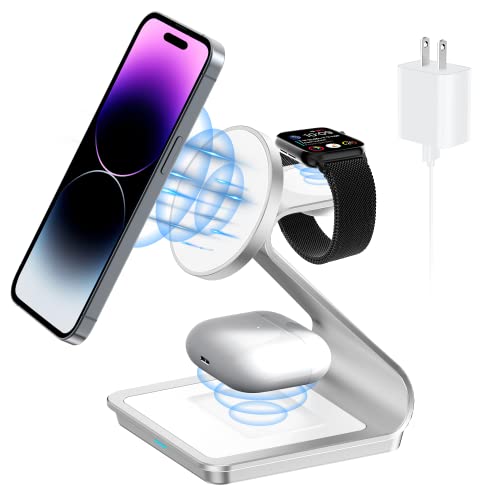 Foscomax 3 in 1 Magnetic Wireless Charging Station, 28W Fast Wireless Mag-Safe Charger Stand with QC3.0 Adapter,for iPhone 14,13,12 Pro Max/Pro/Plus, iWatch Ultra/8/se/7/6/5/4/3/2, AirPods(Silver)