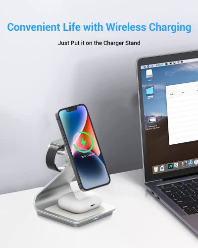 Foscomax 3 in 1 Magnetic Wireless Charging Station, 28W Fast Wireless Mag-Safe Charger Stand with QC3.0 Adapter,for iPhone 14,13,12 Pro Max/Pro/Plus, iWatch Ultra/8/se/7/6/5/4/3/2, AirPods(Silver)