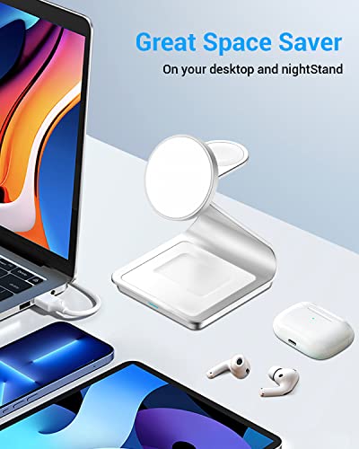 Foscomax 3 in 1 Magnetic Wireless Charging Station, 28W Fast Wireless Mag-Safe Charger Stand with QC3.0 Adapter,for iPhone 14,13,12 Pro Max/Pro/Plus, iWatch Ultra/8/se/7/6/5/4/3/2, AirPods(Silver)