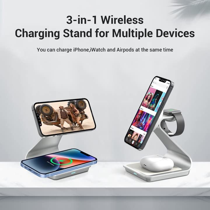 Foscomax 3 in 1 Magnetic Wireless Charging Station, 28W Fast Wireless Mag-Safe Charger Stand with QC3.0 Adapter,for iPhone 14,13,12 Pro Max/Pro/Plus, iWatch Ultra/8/se/7/6/5/4/3/2, AirPods(Silver)