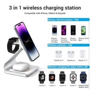 Foscomax 3 in 1 Magnetic Wireless Charging Station, 28W Fast Wireless Mag-Safe Charger Stand with QC3.0 Adapter,for iPhone 14,13,12 Pro Max/Pro/Plus, iWatch Ultra/8/se/7/6/5/4/3/2, AirPods(Silver)