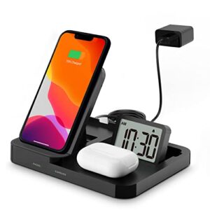 meesmeek 15w max foldable wireless charging station with 18w qc power adapter and usb-c cable, 3 in 1 – mobile phone wireless charger dock/earbuds qi pad/alarm clock (black)
