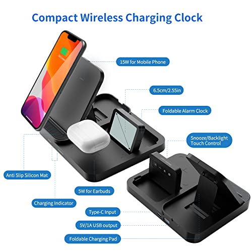 MeesMeek 15W Max Foldable Wireless Charging Station with 18W QC Power Adapter and USB-C Cable, 3 in 1 - Mobile Phone Wireless Charger Dock/Earbuds Qi Pad/Alarm Clock (Black)