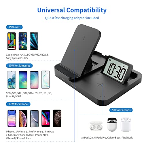 MeesMeek 15W Max Foldable Wireless Charging Station with 18W QC Power Adapter and USB-C Cable, 3 in 1 - Mobile Phone Wireless Charger Dock/Earbuds Qi Pad/Alarm Clock (Black)