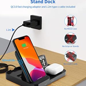 MeesMeek 15W Max Foldable Wireless Charging Station with 18W QC Power Adapter and USB-C Cable, 3 in 1 - Mobile Phone Wireless Charger Dock/Earbuds Qi Pad/Alarm Clock (Black)