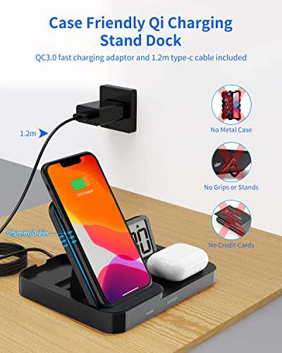 MeesMeek 15W Max Foldable Wireless Charging Station with 18W QC Power Adapter and USB-C Cable, 3 in 1 - Mobile Phone Wireless Charger Dock/Earbuds Qi Pad/Alarm Clock (Black)