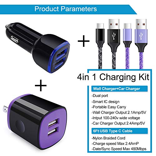 Type C Charger Fast Charging Block for Samsung Galaxy S23 S22 S21 S20 Fe S10 Note 20 Ultra A51 A10e A20 A50 A71 A21 A11 A01 A52 A14 A23, LG Stylo 6/5/4, Wall Charger, Car Adapter, 2-Pack USB C Cable