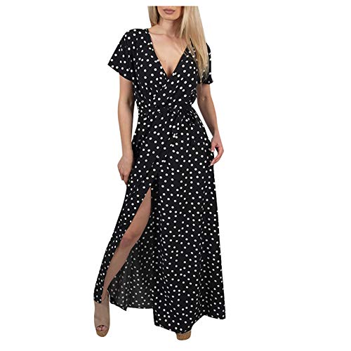 XIMIN Women's Fashion Casual Short Sleeve V-Neck Low Cut Printed Polka Dot Dress Beach Maxi Dress (Black, Size:L)