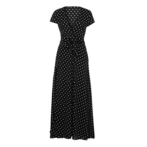 XIMIN Women's Fashion Casual Short Sleeve V-Neck Low Cut Printed Polka Dot Dress Beach Maxi Dress (Black, Size:L)