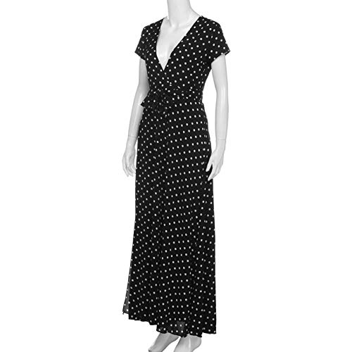 XIMIN Women's Fashion Casual Short Sleeve V-Neck Low Cut Printed Polka Dot Dress Beach Maxi Dress (Black, Size:L)