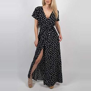 XIMIN Women's Fashion Casual Short Sleeve V-Neck Low Cut Printed Polka Dot Dress Beach Maxi Dress (Black, Size:L)