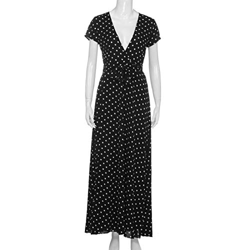 XIMIN Women's Fashion Casual Short Sleeve V-Neck Low Cut Printed Polka Dot Dress Beach Maxi Dress (Black, Size:L)