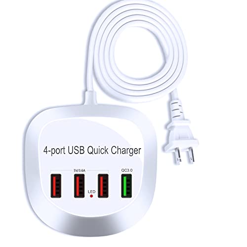 4 Port USB Charger, [UL Certified] 36W USB Fast Charging Station for Multiple Devices, USB Hub Charger Nightstand Charger Block Tower for Home, Travel, Office, School (with One QC 3.0 Port)