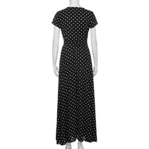 XIMIN Women's Fashion Casual Short Sleeve V-Neck Low Cut Printed Polka Dot Dress Beach Maxi Dress (Black, Size:M)