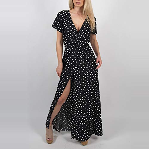 XIMIN Women's Fashion Casual Short Sleeve V-Neck Low Cut Printed Polka Dot Dress Beach Maxi Dress (Black, Size:M)