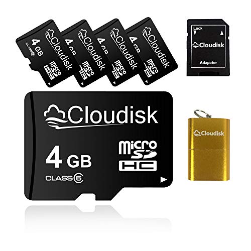 Cloudisk 5Pack 4GB Micro SD Card 4 GB MicroSD Memory Card Class6 with Card Reader + SD Adapter,Bulk Sale