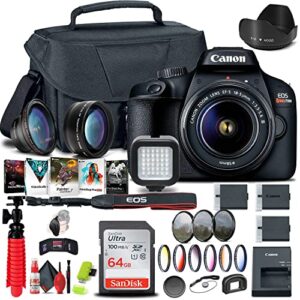 canon eos rebel t100 / 4000d dslr camera with 18-55mm lens, 64gb card, color filter kit, case, filter kit, photo software, 2x lpe10 battery, light, wide angle lens + more (renewed)