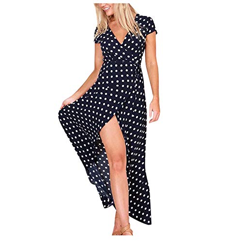 XIMIN Women's Fashion Casual Short Sleeve V-Neck Low Cut Printed Polka Dot Dress Beach Maxi Dress (Navy, Size:XXXXL)