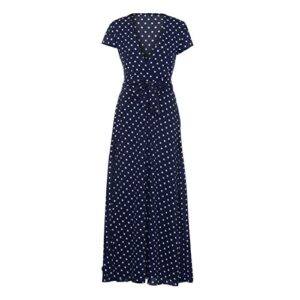 XIMIN Women's Fashion Casual Short Sleeve V-Neck Low Cut Printed Polka Dot Dress Beach Maxi Dress (Navy, Size:XXXXL)