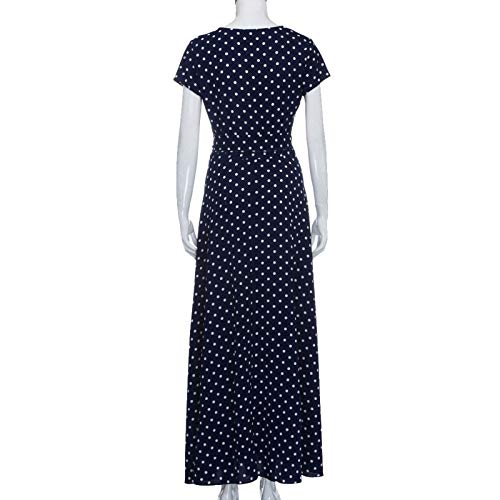 XIMIN Women's Fashion Casual Short Sleeve V-Neck Low Cut Printed Polka Dot Dress Beach Maxi Dress (Navy, Size:XXXXL)