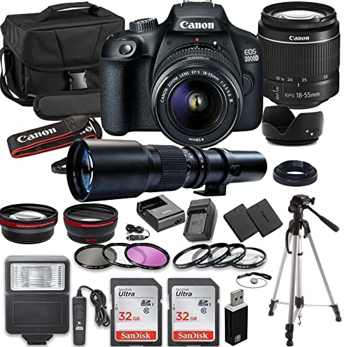 Paging Zone 2000D (Rebel T7) DSLR Camera Bundle with EF-S 18-55mm f/3.5-5.6 Lens + 500mm Preset Lens + 2pc SanDisk 32GB Memory Cards + Professional Kit