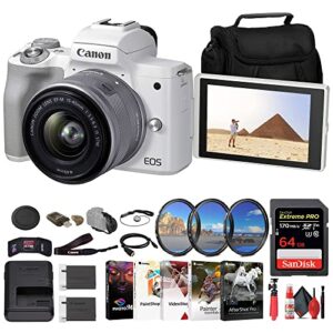canon eos m50 mark ii mirrorless camera with 15-45mm lens (white) (4729c004) + 64gb memory card + filter kit + charger + lpe12 battery + card reader + corel photo software + case + more (renewed)