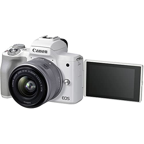 Canon EOS M50 Mark II Mirrorless Camera with 15-45mm Lens (White) (4729C004) + 64GB Memory Card + Filter Kit + Charger + LPE12 Battery + Card Reader + Corel Photo Software + Case + More (Renewed)