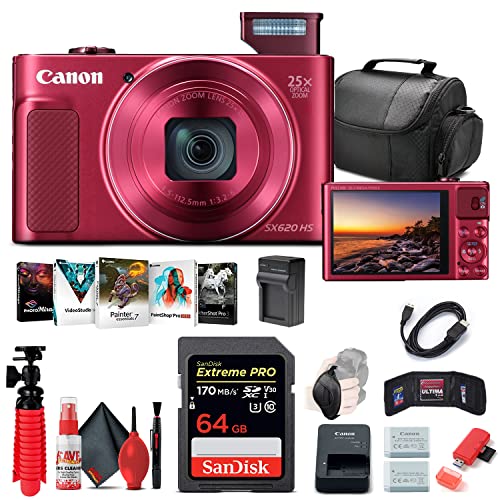 Canon PowerShot SX620 HS Digital Camera (Red) (1073C001), 64GB Card, NB13L Battery, Corel Photo Software, Charger, Card Reader, Soft Bag, Tripod + More (Renewed)