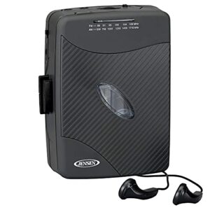 jensen portable stereo cassette player with am/fm radio + sport earbuds (matte black series)