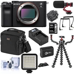 sony alpha 7c mirrorless digital camera, black (body only), bundle with bag, 128gb sd card, joby gorillapod 5k kit with rig, microphone, led light, extra battery, charger, cleaning kit