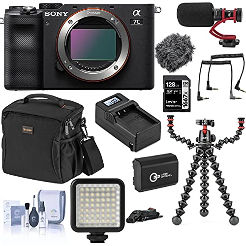 Sony Alpha 7C Mirrorless Digital Camera, Black (Body Only), Bundle with Bag, 128GB SD Card, Joby GorillaPod 5K Kit with Rig, Microphone, LED Light, Extra Battery, Charger, Cleaning Kit