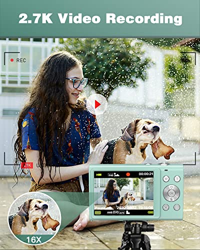 Digital Camera 2.7K 48MP Vlogging Camera, Auto Focus Digital Point and Shoot Camera with 32GB Memory Card,Time Lapse Digital Cameras for Kids Teenagers Students Boys Girls - Green