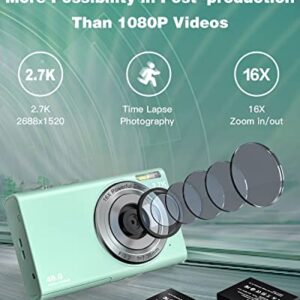 Digital Camera 2.7K 48MP Vlogging Camera, Auto Focus Digital Point and Shoot Camera with 32GB Memory Card,Time Lapse Digital Cameras for Kids Teenagers Students Boys Girls - Green