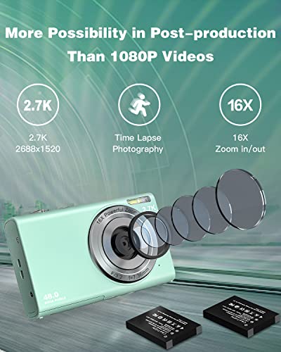 Digital Camera 2.7K 48MP Vlogging Camera, Auto Focus Digital Point and Shoot Camera with 32GB Memory Card,Time Lapse Digital Cameras for Kids Teenagers Students Boys Girls - Green