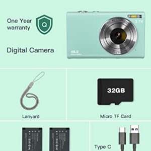 Digital Camera 2.7K 48MP Vlogging Camera, Auto Focus Digital Point and Shoot Camera with 32GB Memory Card,Time Lapse Digital Cameras for Kids Teenagers Students Boys Girls - Green