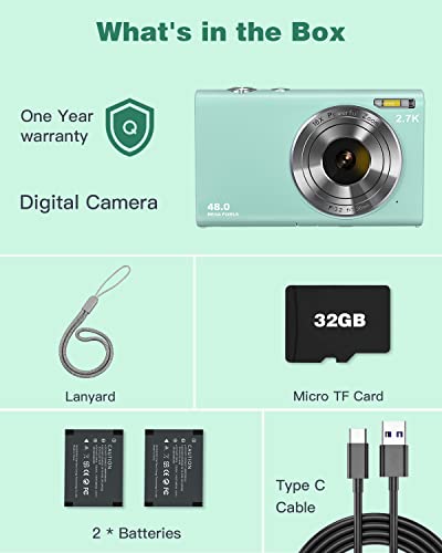 Digital Camera 2.7K 48MP Vlogging Camera, Auto Focus Digital Point and Shoot Camera with 32GB Memory Card,Time Lapse Digital Cameras for Kids Teenagers Students Boys Girls - Green