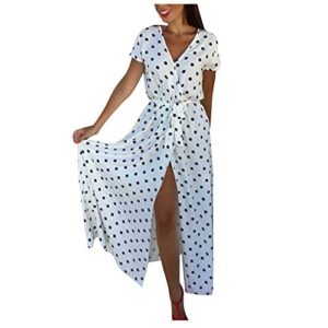 XIMIN Women's Fashion Casual Short Sleeve V-Neck Low Cut Printed Polka Dot Dress Beach Maxi Dress (White, Size:M)