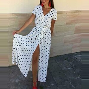 XIMIN Women's Fashion Casual Short Sleeve V-Neck Low Cut Printed Polka Dot Dress Beach Maxi Dress (White, Size:M)