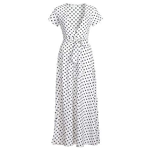 XIMIN Women's Fashion Casual Short Sleeve V-Neck Low Cut Printed Polka Dot Dress Beach Maxi Dress (White, Size:M)