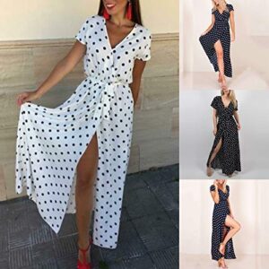 XIMIN Women's Fashion Casual Short Sleeve V-Neck Low Cut Printed Polka Dot Dress Beach Maxi Dress (White, Size:M)