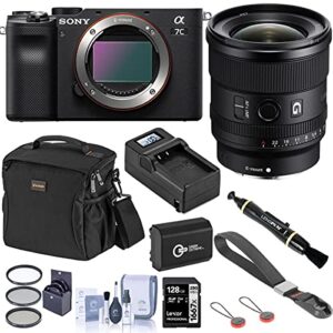 sony alpha 7c mirrorless digital camera, black with fe 20mm f/1.8 g lens bundle with bag, 128gb sd card, wrist strap, extra battery, charger, filter kit and accessories