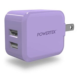 liquipel powertek dual usb-a wall charger, beveled edges, foldable, compact, pastel colors (purple)