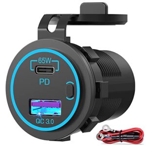 65W PD 12V USB Outlet for Laptop - Qidoe USB C Car Charger Socket Multi Port USB Outlet Quick Charge3.0 18W with Power Switch Long Body Waterproof Adapter for Car Boat Marine Truck Golf RV Motorcycle