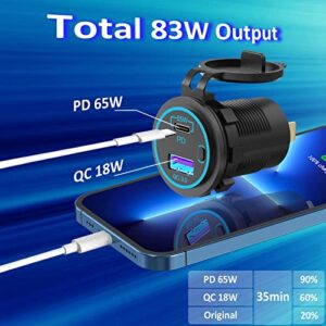 65W PD 12V USB Outlet for Laptop - Qidoe USB C Car Charger Socket Multi Port USB Outlet Quick Charge3.0 18W with Power Switch Long Body Waterproof Adapter for Car Boat Marine Truck Golf RV Motorcycle