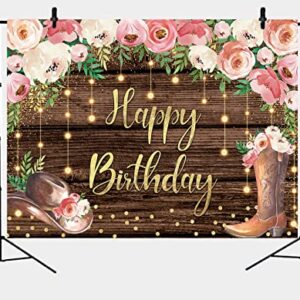 Cowgirl Happy Birthday Backdrop 7x5FT Western Hat Boot Floral Glitter Brown Rustic Wooden Boho Bday Photography Background for Women Country Party Decorations Banner Props