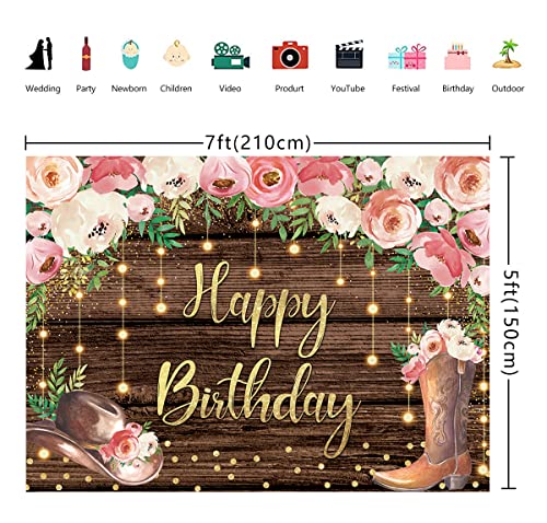 Cowgirl Happy Birthday Backdrop 7x5FT Western Hat Boot Floral Glitter Brown Rustic Wooden Boho Bday Photography Background for Women Country Party Decorations Banner Props