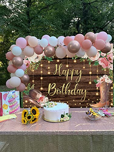 Cowgirl Happy Birthday Backdrop 7x5FT Western Hat Boot Floral Glitter Brown Rustic Wooden Boho Bday Photography Background for Women Country Party Decorations Banner Props