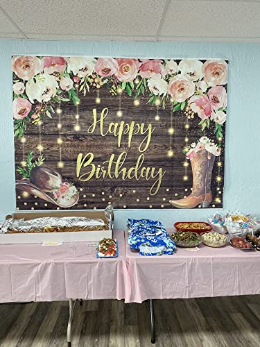 Cowgirl Happy Birthday Backdrop 7x5FT Western Hat Boot Floral Glitter Brown Rustic Wooden Boho Bday Photography Background for Women Country Party Decorations Banner Props