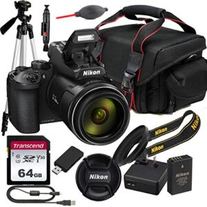 nikon coolpix p950 digital camera w/nikkor 83x optical zoom lens, 64gb transcend sd memory card, tripod, bag, lens blower/cleaner and more (renewed)
